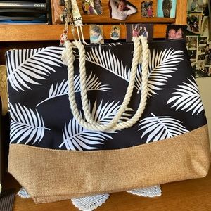 Beach Bag, w/Mini Bag, Palm Leaf theme in Black and White, w/light gold bottom